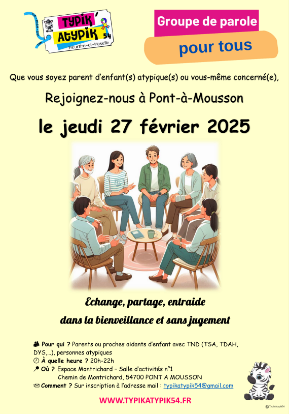 Groupe de parole pour tous : que vous soyez parent d'enfants atypiques ou vous-même atypique, rejoignez-nous le jeudi 27 février 2025 à Pont à Mousson de 20h à 22h, Espace Montrichard, salle d'activité N°1. Echange, partage, entraide dans la bienveillance et sans jugement