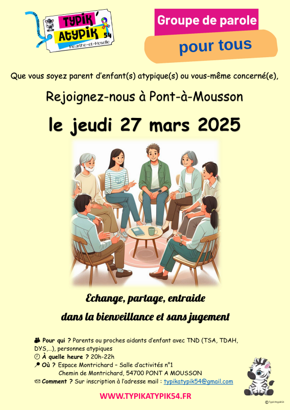 Groupe de parole pour tous : que vous soyez parent d'enfants atypiques ou vous-même atypique, rejoignez-nous le jeudi 27 mars 2025 à Pont à Mousson de 20h à 22h, Espace Montrichard, salle d'activité N°1. Echange, partage, entraide dans la bienveillance et sans jugement