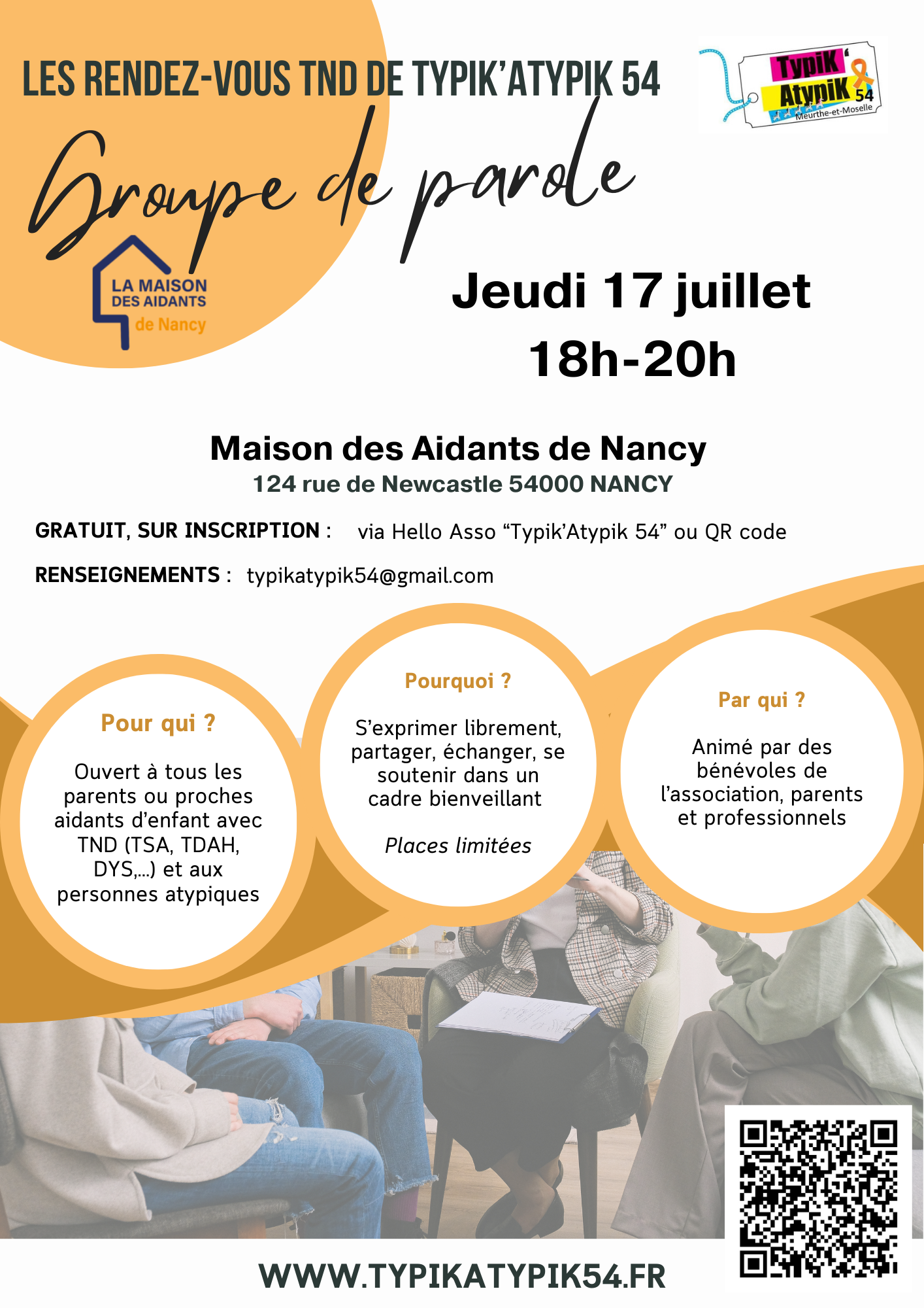 Groupe de parole le jeudi 17 juillet de 18h à 20h à la Maison des Aidants de Nancy pour les parents et proches d'enfants avec TND