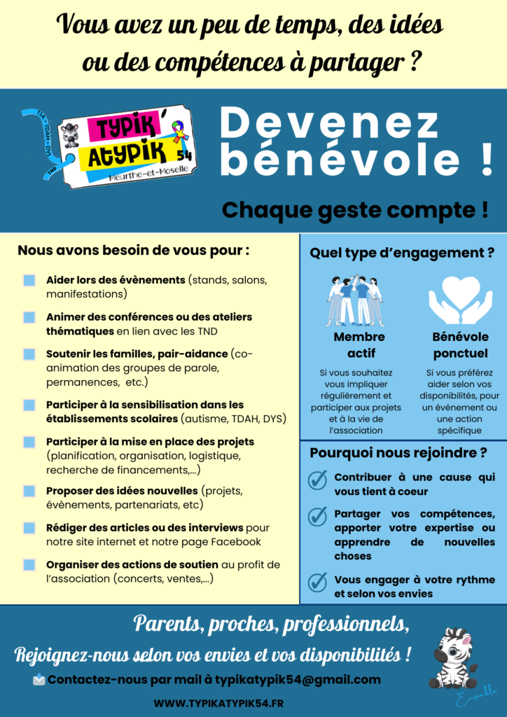 Vous avez un peu de temps, des idées, des compétences à partager ? Devenez bénévole ! Chaque geste compte ! Que vous vouliez être membre actif ou bénévole ponctuel, contactez nous par mail à typik'atypik54@gmail.com