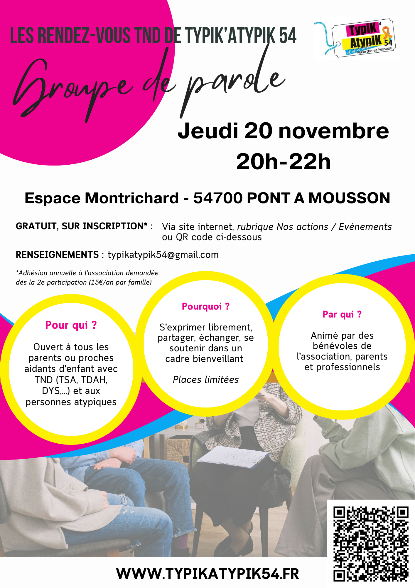Groupe de parole à Pont à Mousson le jeudi 20 novembre de 20h à 22h à l'Espace Montrichard (salle d'activité N°1)
