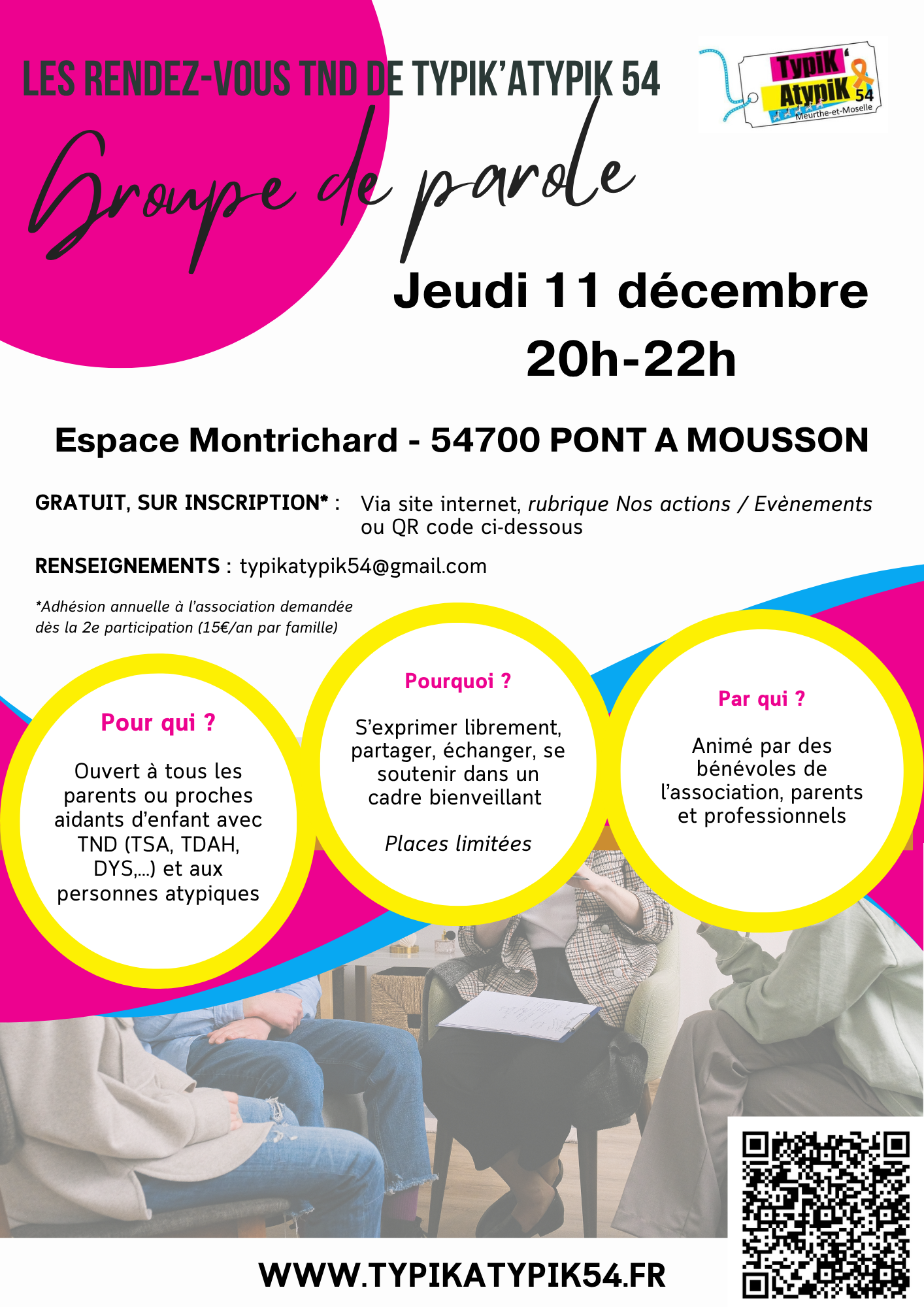 Groupe de parole jeudi 11 décembre de 20h à 22h à l'Espace Montrichard à Pont à Mousson