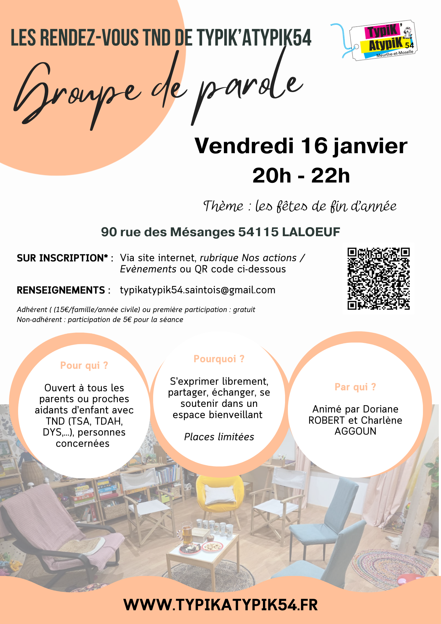 Groupe de parole le vendredi 16 janvier 2026 de 20h à 22h sur le thème des fêtes de Noël à Laloeuf au 90 rue des Mésanges. Animé par 2 bénévoles de l'association : Doriane Robert et Charlène Aggoun. Groupe limité à 10 personnes. Sur inscription. Gratuit pour les adhérents et pour une première participation. 5€ pour les non-adhérents ayant déjà participé.