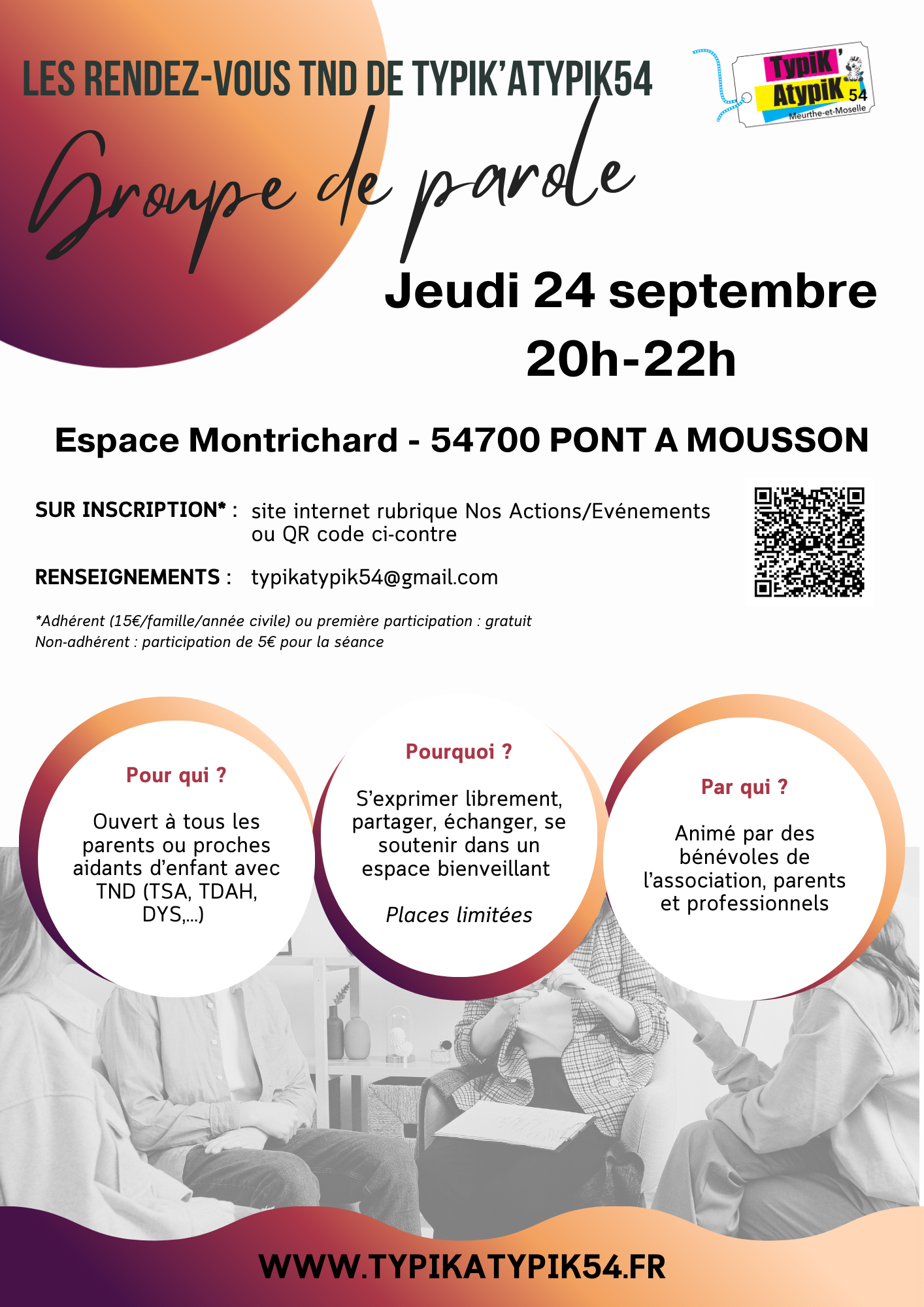 Groupe de parole le jeudi 24 septembre 2026 de 20h à 22h à l'Espace Montrichard à Pont à Mousson. Groupe animé par 2 bénévoles de l'association et limité à 10 personnes. Inscription obligatoire.