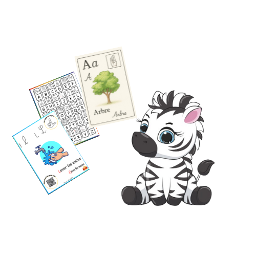 Zèbre avec les cartes pour apprendre le A en langue des signes et la carte pour apprenre à dire "se laver les mains" en langue française des signes