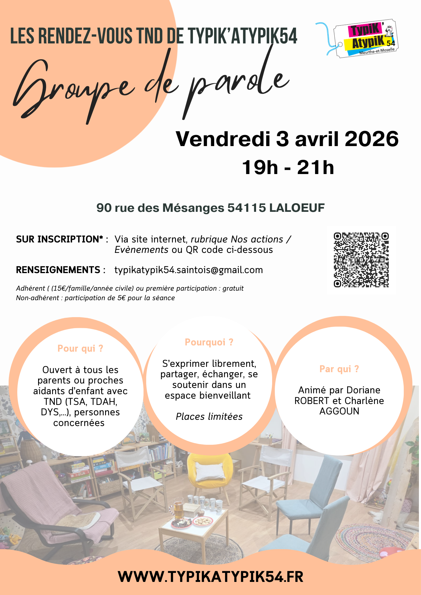 Groupe de parole parents le vendredi 3 avril de 19h à 21h au 90 rue des Mésanges à Laloeuf (54). Sur inscription, places limitées