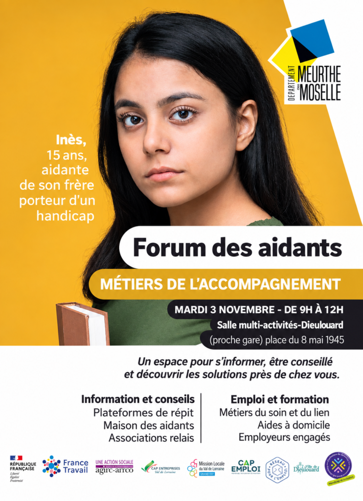 Forum des Aidants / Métiers de l'Accompagnement le mardi 3 novembre de 9h à 12h à la salle multi activités de Dieulouard, près de la gare.